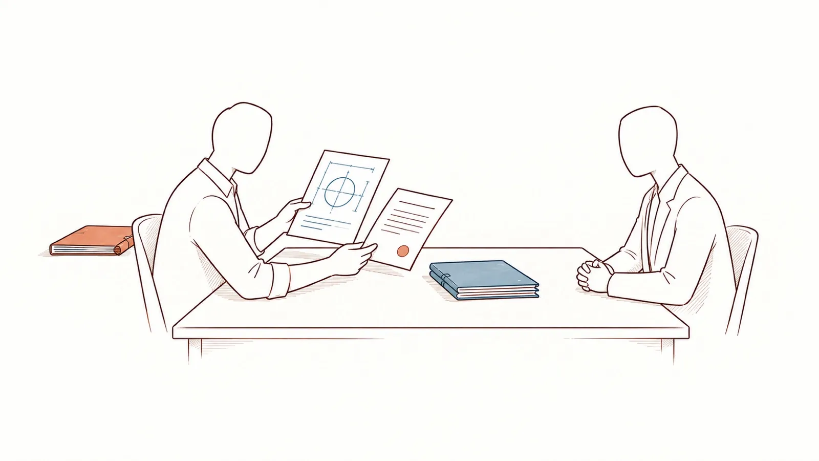 Line drawing: across a table, a person checks a technical drawing and a sealed contract before handing over a file; the supplier opposite waits, hands folded.