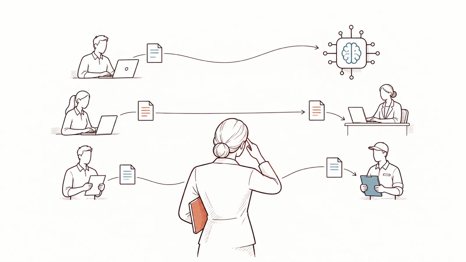 Line drawing: three employees send documents at once — to an AI, to a colleague, to a supplier; in the foreground, the data protection officer watches them leave, a hand to her head.