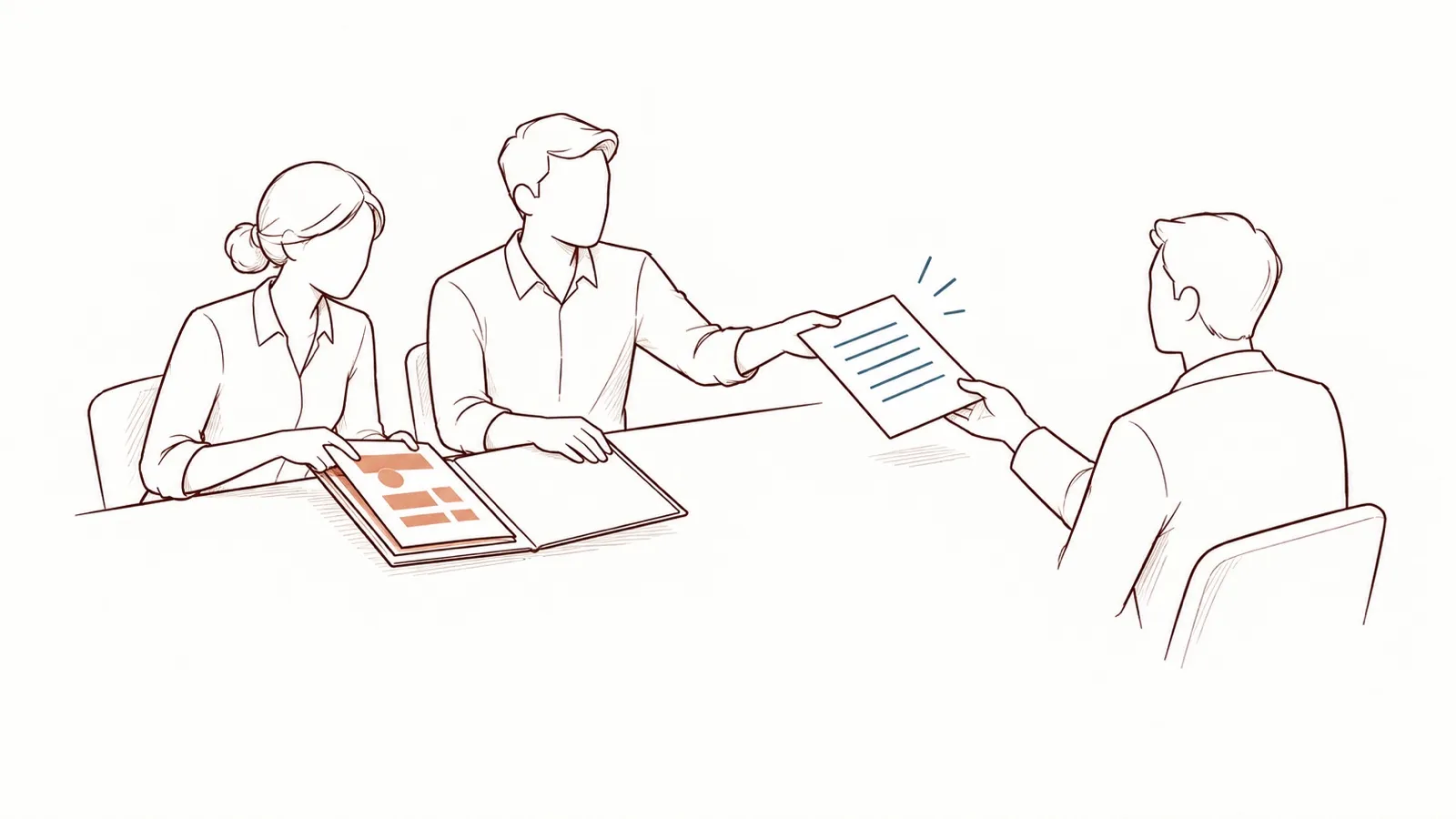 Line drawing: at a table, two colleagues keep an open file whose pages are marked in orange, and hand only a plain sheet to the person facing them.
