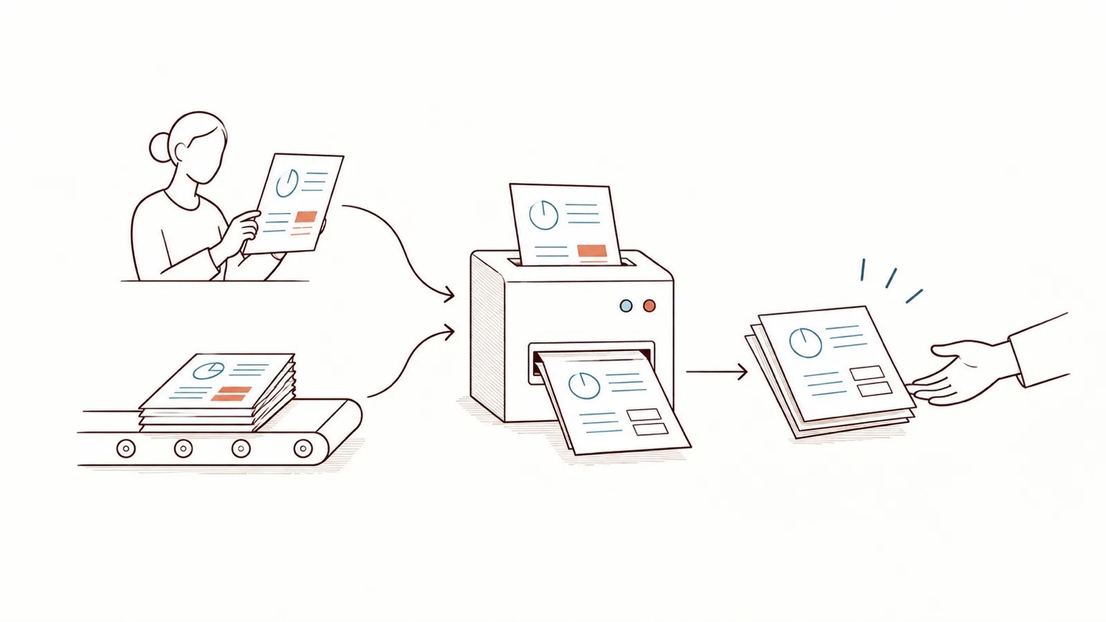 Line drawing: a person holding a document and a stack of documents on a conveyor belt both feed the same machine; the protected copies come out and a hand receives them.